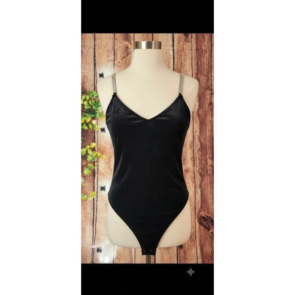 Forever21 Black Velour rhinestone bodysuit